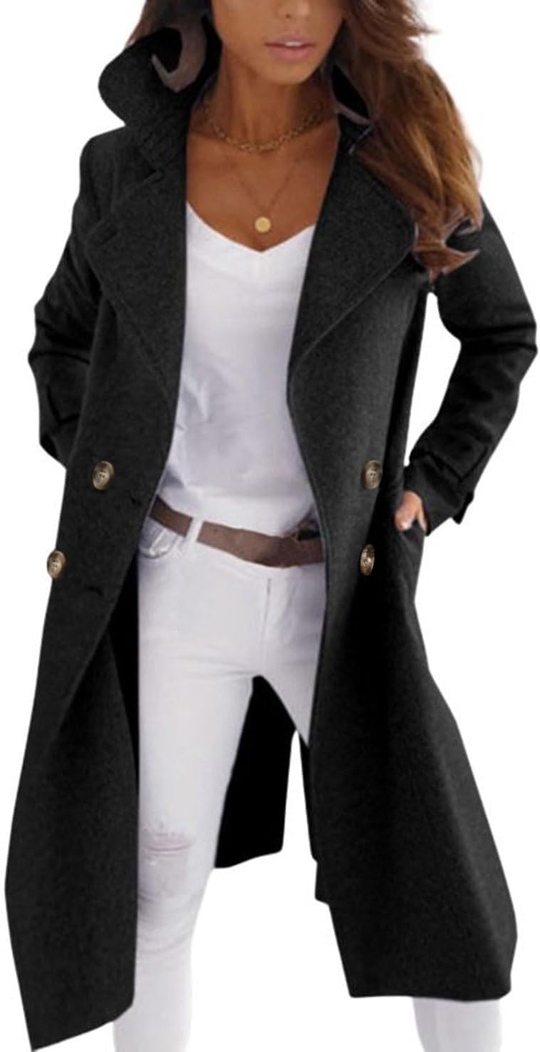 CHARTOU Women Elegant Double Breast Wool Blend Pea Coat Winter Long Coats Jacket Overcoat