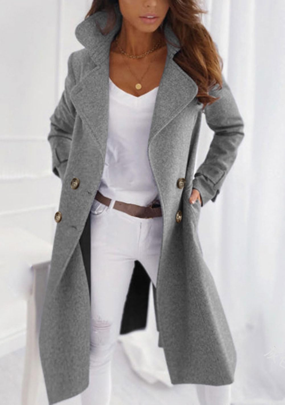 CHARTOU Women Elegant Double Breast Wool Blend Pea Coat Winter Long Coats Jacket Overcoat