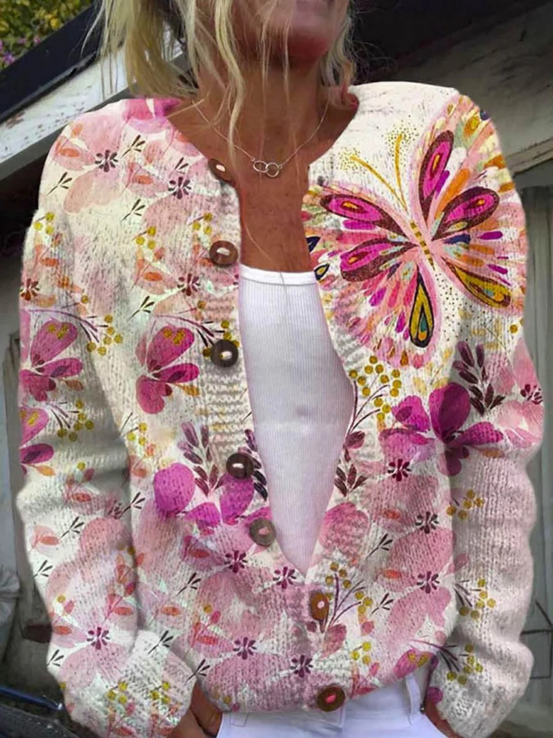 Lilia – Women's Lovely Butterfly Floral Art Print Buttoned Cardigan Sweater